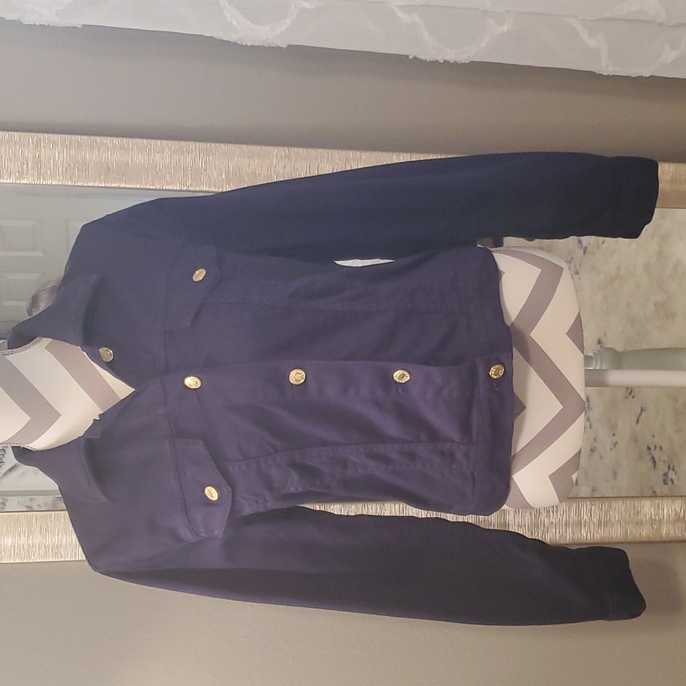 Michael Kors Cropped Blue Jacket Gold Buttons Casual Pockets